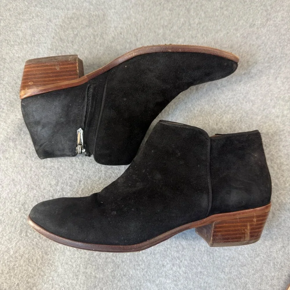 Sam Edelman Size 8 Petty Black Ankle Booties Boots Suede Leather Side Zip Wooden